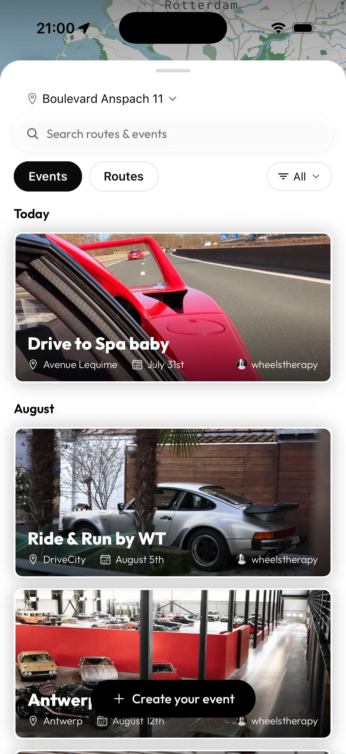 The Wheelstherapy events feed listing upcoming drives with cover photos, locations and dates.